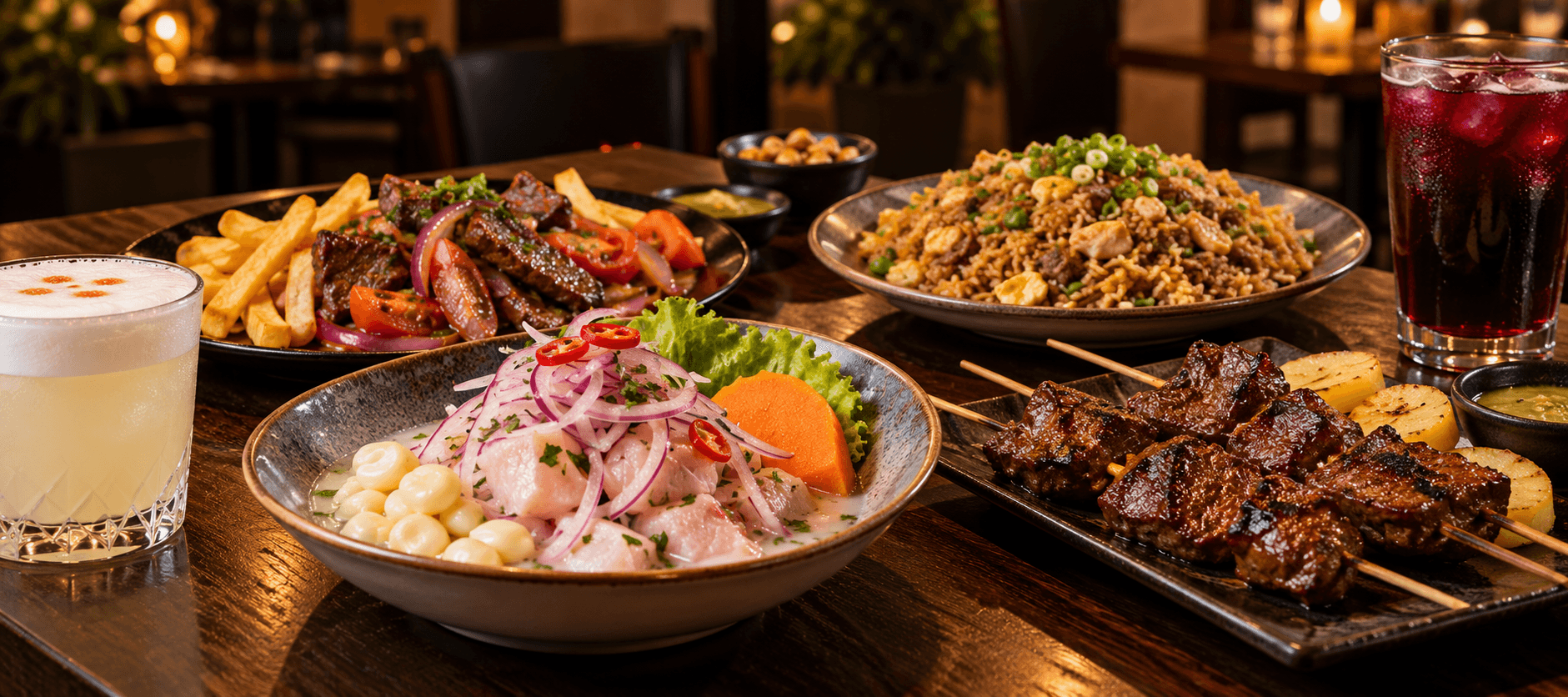 Ceviche, lomo saltado, arroz chaufa y anticuchos en una mesa de El Punto